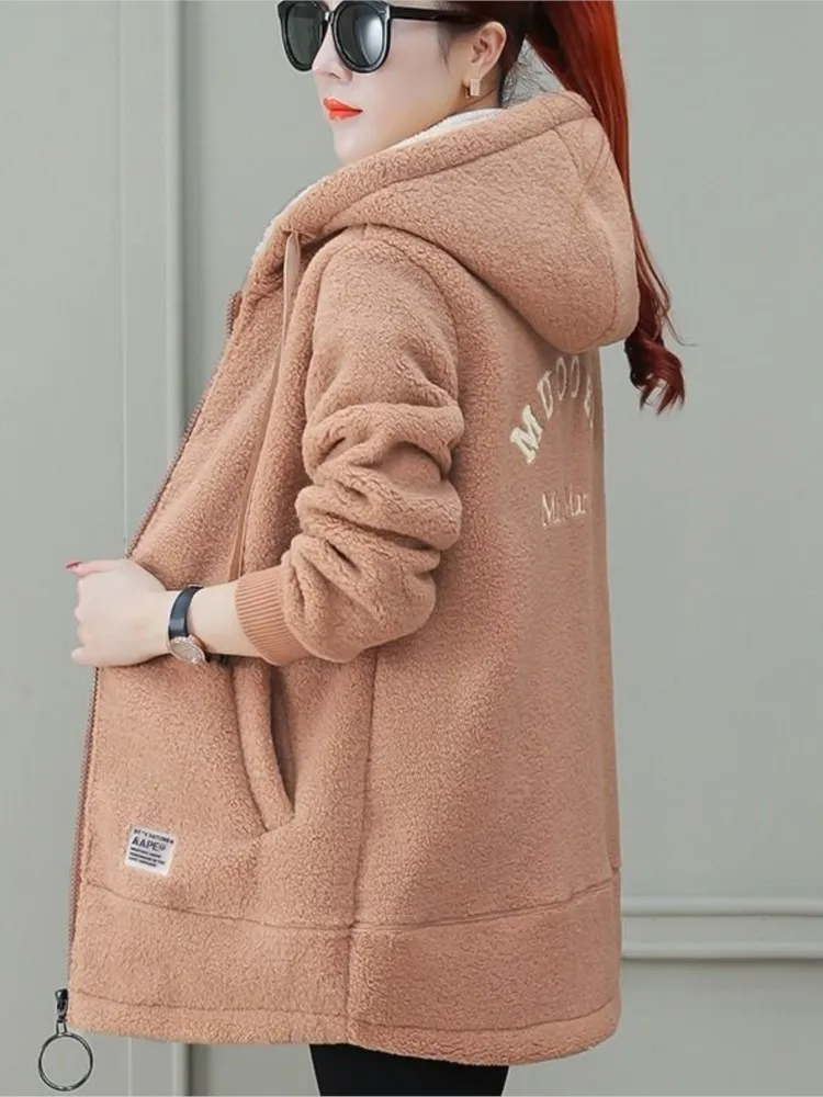 Women’s Mid-Length Coat – Fleece Texture – Loose Fit – Hooded with Zipper Closure