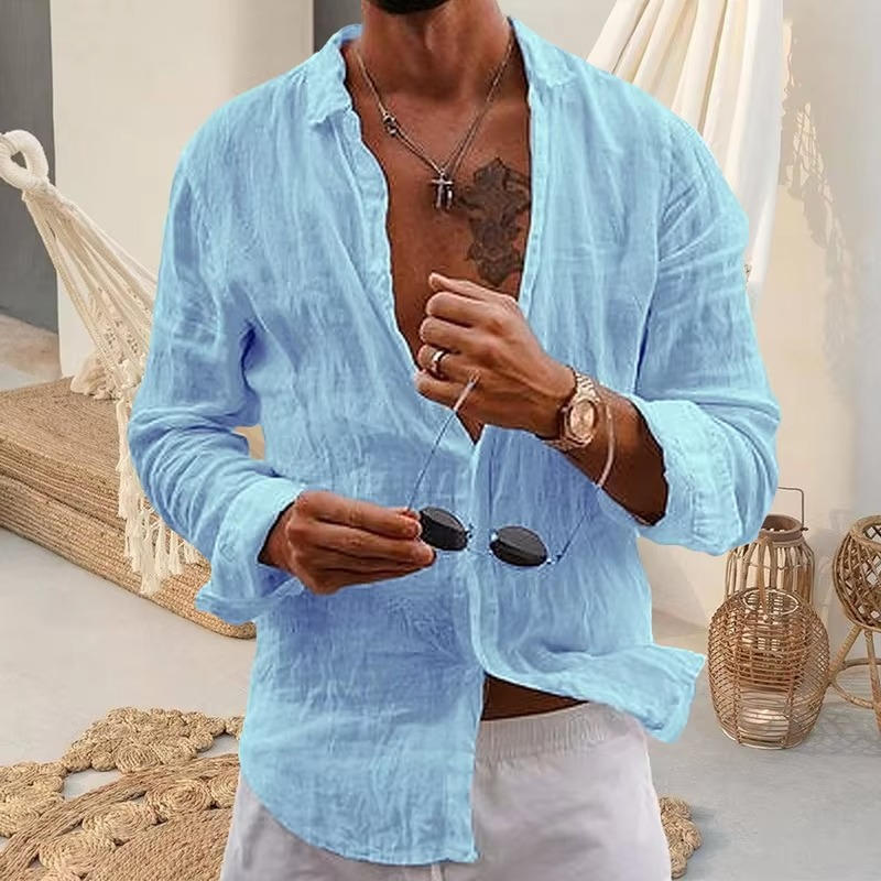 TrendAura Mens Linen Long Sleeve Shirt Breathable Lightweight Casual Daily Wear Top Natural Beige