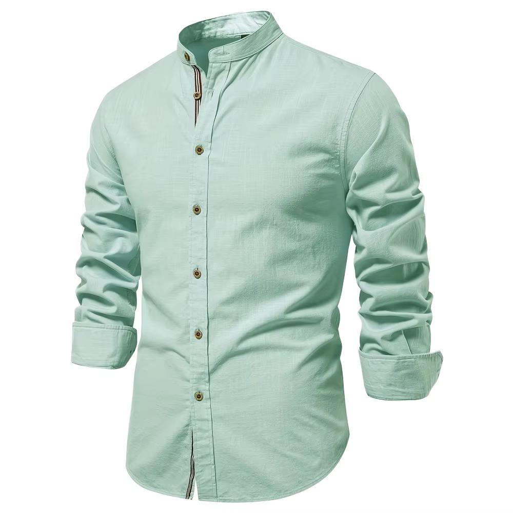 TrendAura Men's Casual Cotton Long Sleeve Shirt With Stand Collar And Striped Placket