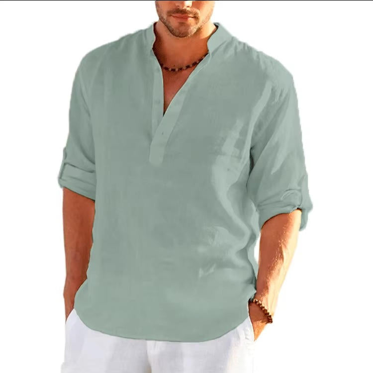Men's Linen Henley Shirt With Rolled Sleeves Breathable Lightweight Casual Summer Style By TrendAura