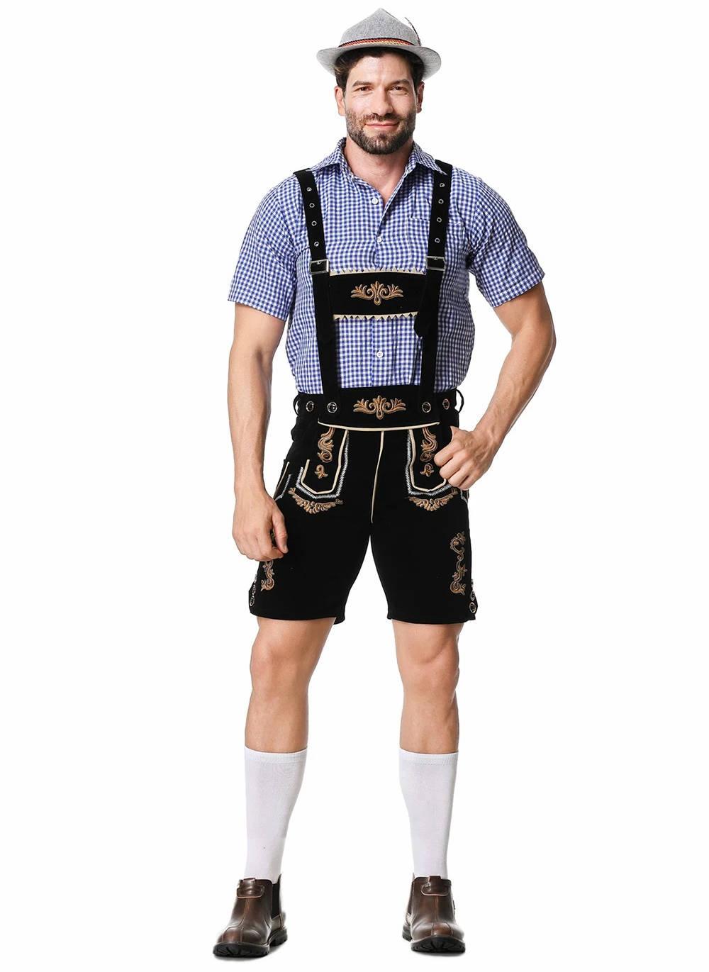 TrendAura Lederhosen Short Men Full Set Bavarian Oktoberfest Costume With Embroidered Suspenders