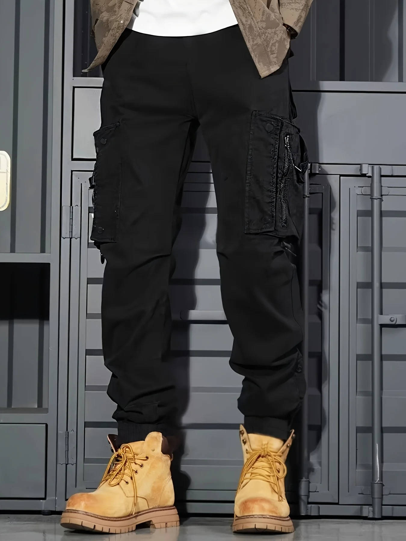 TrendAura Mens Cargo Jogger Pants With Multiple Pockets Durable Khaki Tactical Style For Outdoor Wear
