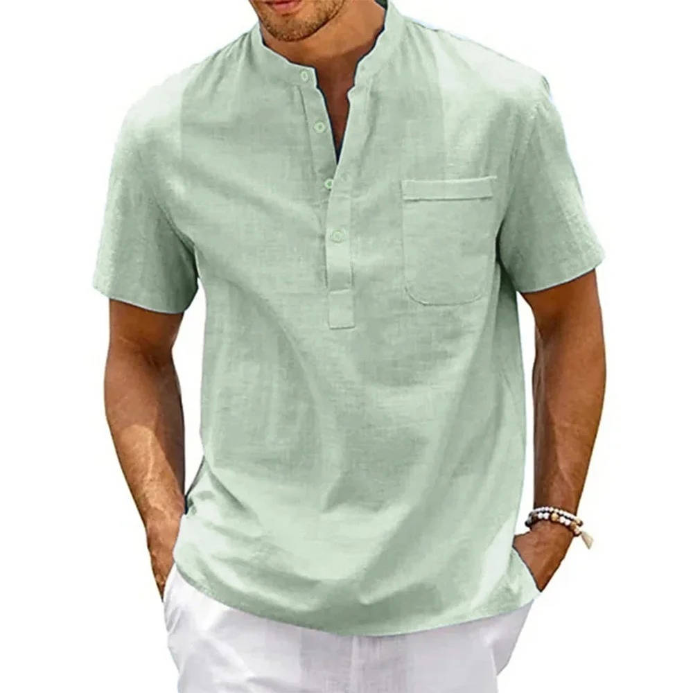 Beige Men's Linen Henley Shirt Short Sleeves Lightweight Relaxed Fit Casual Summer Top With Chest Pocket