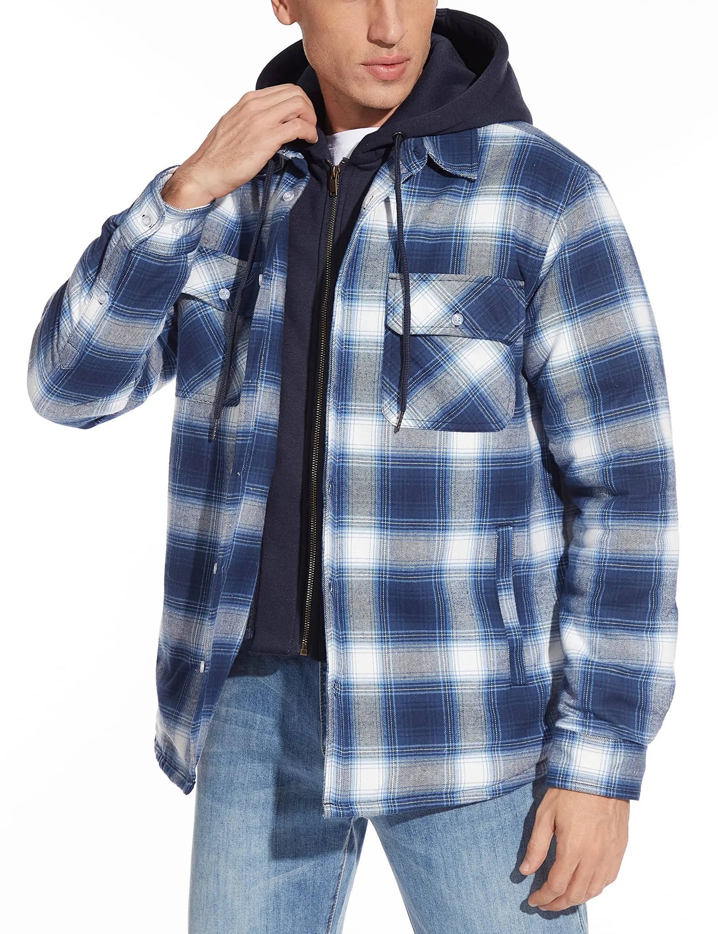 TrendAura Mens Hooded Plaid Bomber Jacket With Zip Front And Warm Lining For Everyday Wear
