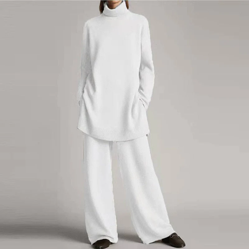 Women’s Two-Piece Loungewear Set – Knit Turtleneck Top – Wool Blend - Oversized Fit – Wide-Leg Pants