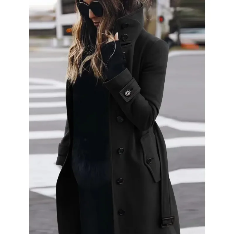 TrendAura Nordisk Flair Womens Wool Coat - Slim Fit Belted Stand Collar Full Length