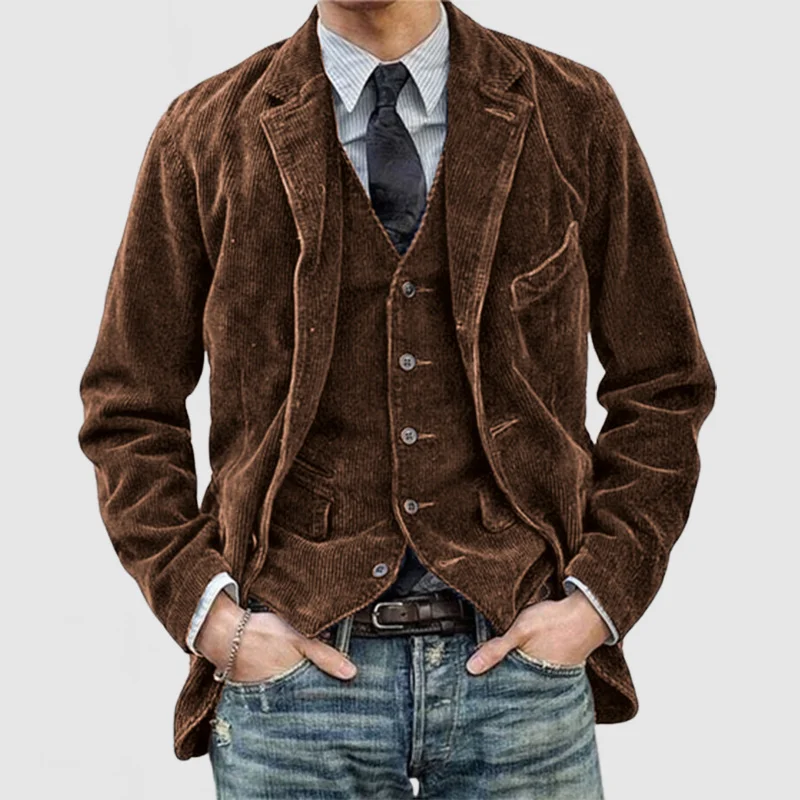 Nordisk-Flair Men's Two Piece Corduroy Blazer and Vest Set with Notch Lapel Relaxed Fit