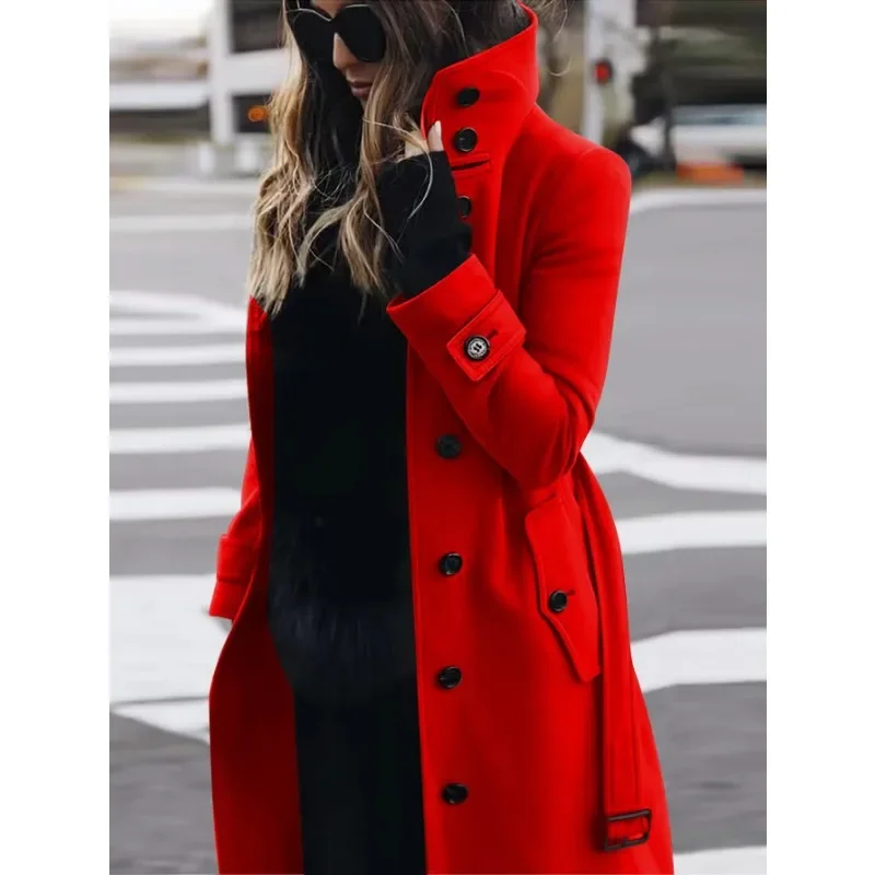 Women’s Wool Coat – Slim Fit – Single Breasted – Stand Collar – Full Length Tailored