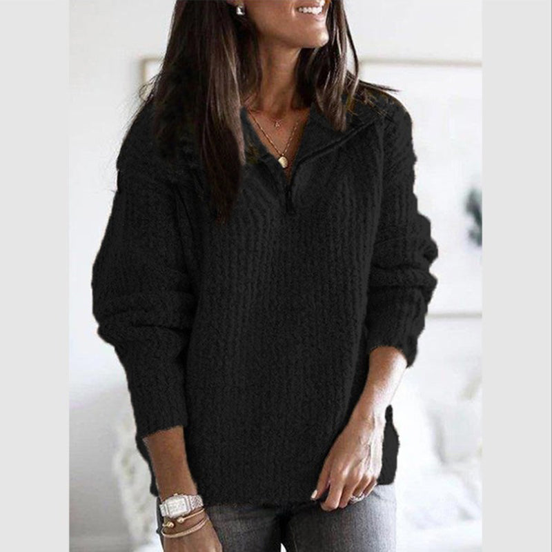 Ribbed Relaxed Fit Wool Zip-Up Sweater for Women – Cozy & Casual Comfort