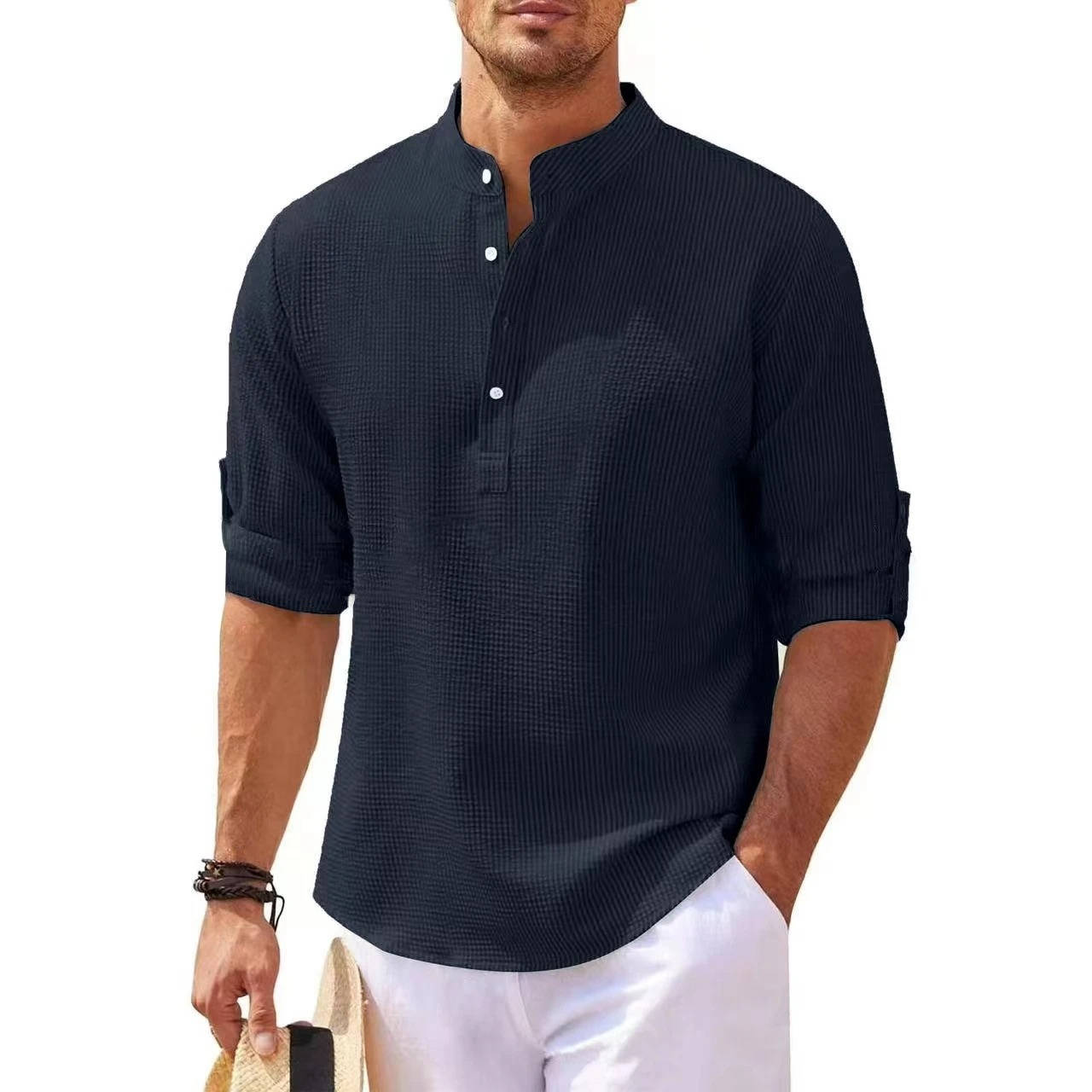 Mens Textured Waffle Knit Beige Henley Shirt With Rolled Sleeves For Everyday Casual Comfort