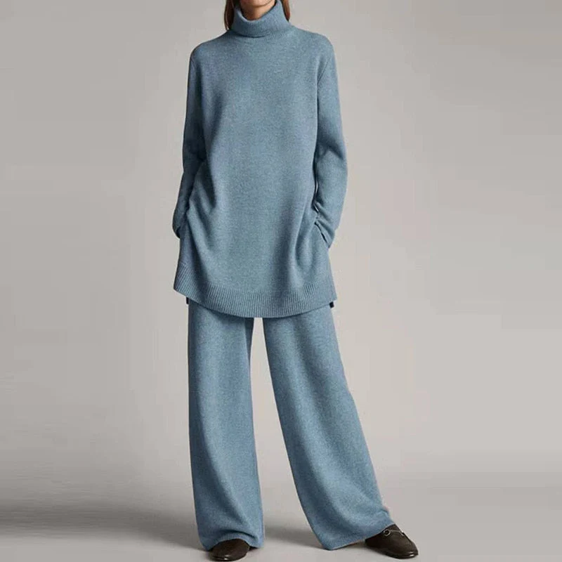 Women’s Two-Piece Loungewear Set – Knit Turtleneck Top – Wool Blend - Oversized Fit – Wide-Leg Pants