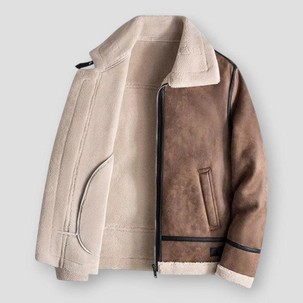 TrendAura Men's Jacket Relaxed Fit Faux Leather With Shearling Trim Zipper Closure Hip Length Winter Coat