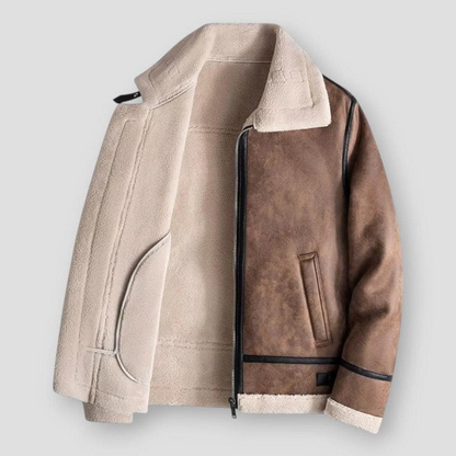 TrendAura Men's Jacket Relaxed Fit Faux Leather With Shearling Trim Zipper Closure Hip Length Winter Coat