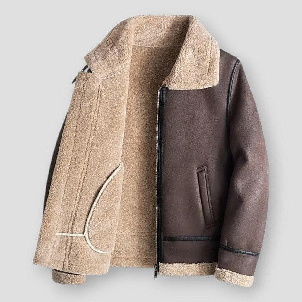 TrendAura Men's Jacket Relaxed Fit Faux Leather With Shearling Trim Zipper Closure Hip Length Winter Coat