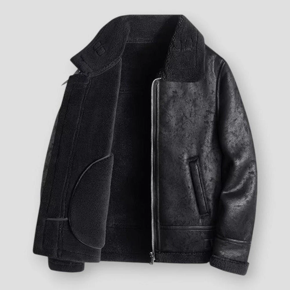 TrendAura Men's Jacket Relaxed Fit Faux Leather With Shearling Trim Zipper Closure Hip Length Winter Coat