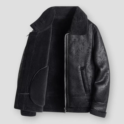 TrendAura Men's Jacket Relaxed Fit Faux Leather With Shearling Trim Zipper Closure Hip Length Winter Coat