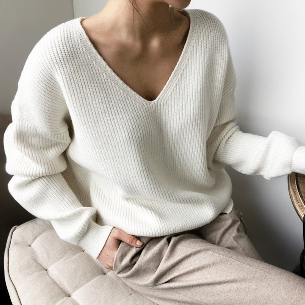 Women’s Pullover Sweatshirt – Oversized Fit – Ribbed Knit – Deep V-Neck Casual Style