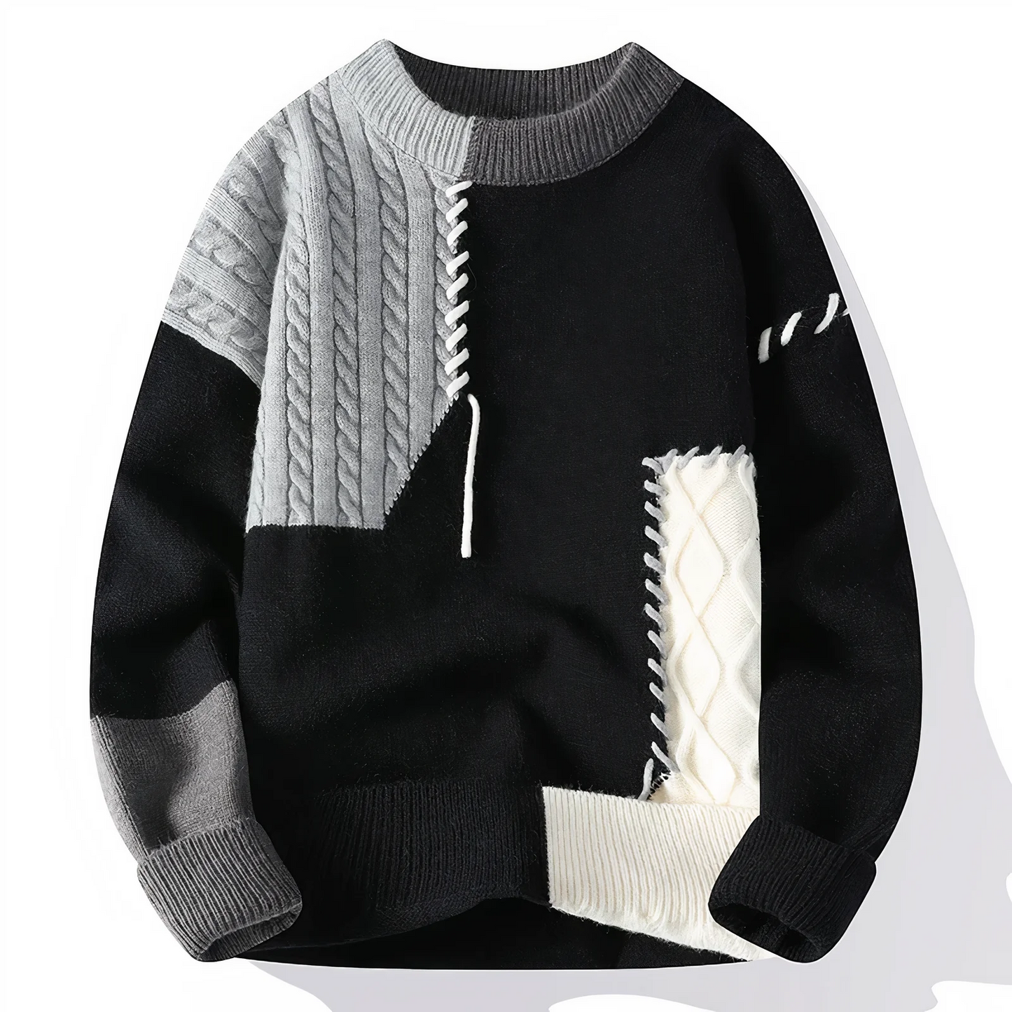 Men's Patchwork Fringe Wool Blend Sweater With Relaxed Fit And Crew Neck By Nordisk Flair