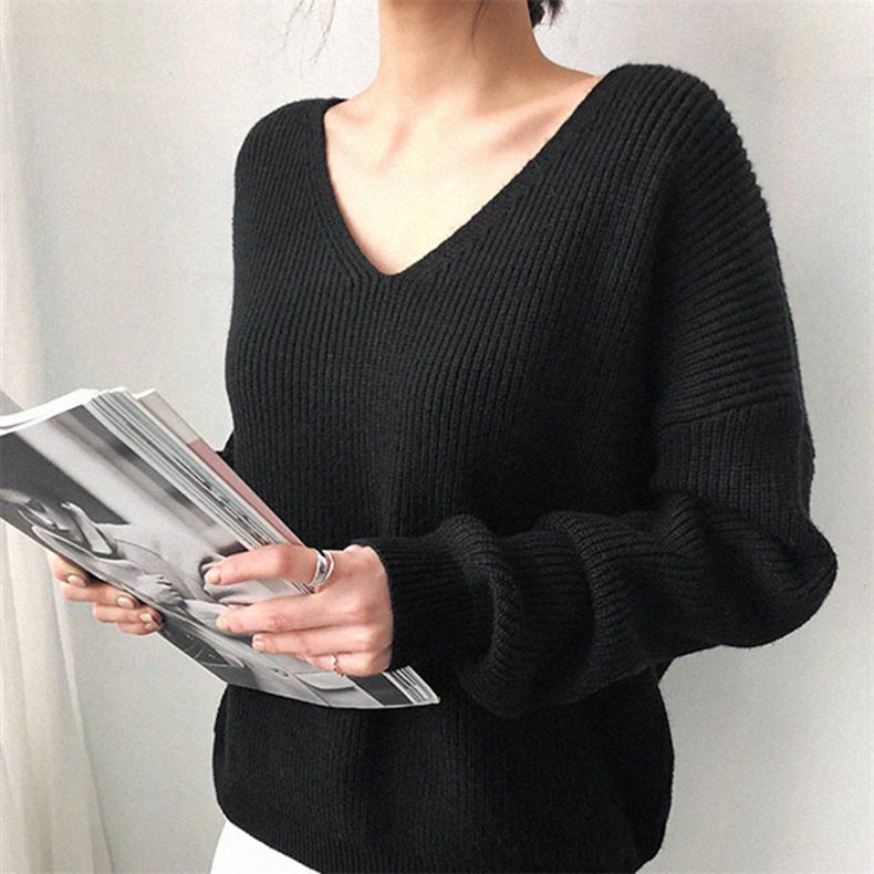 Women’s Pullover Sweatshirt – Oversized Fit – Ribbed Knit – Deep V-Neck Casual Style