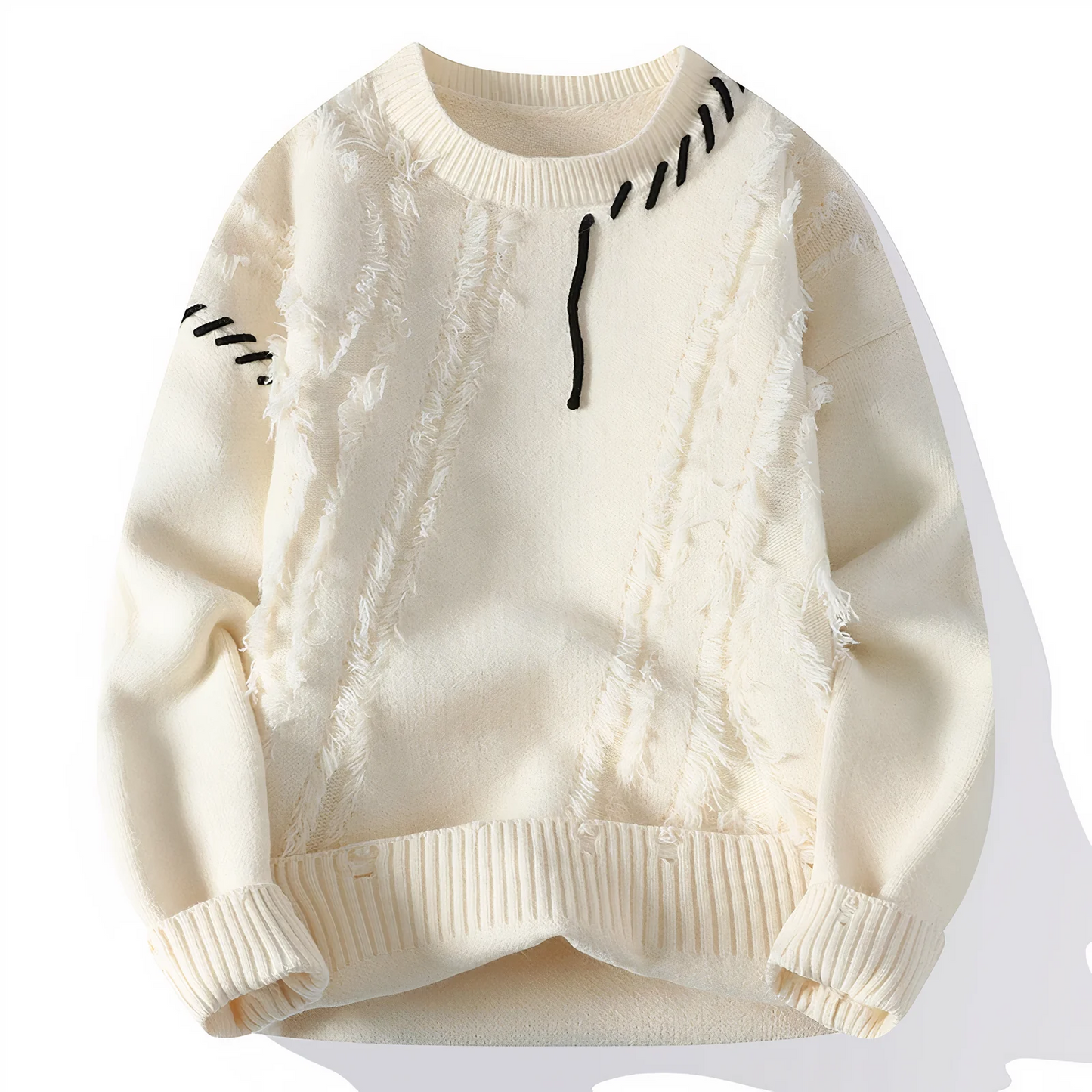Men's Patchwork Fringe Wool Blend Sweater With Relaxed Fit And Crew Neck By Nordisk Flair