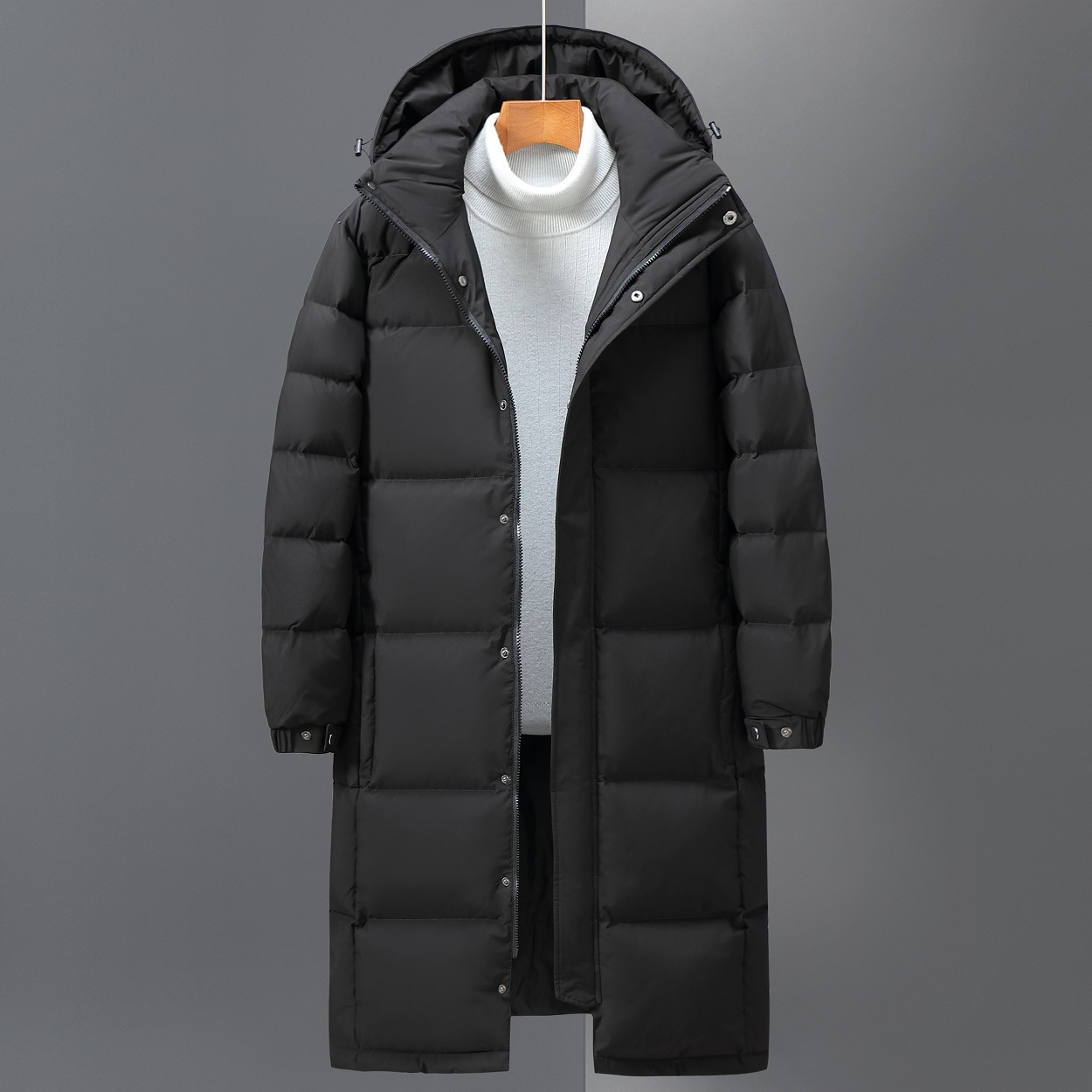 Men's Quilted Hooded Trench Coat With Insulated Winter Warmth Relaxed Fit And Full Length Coverage