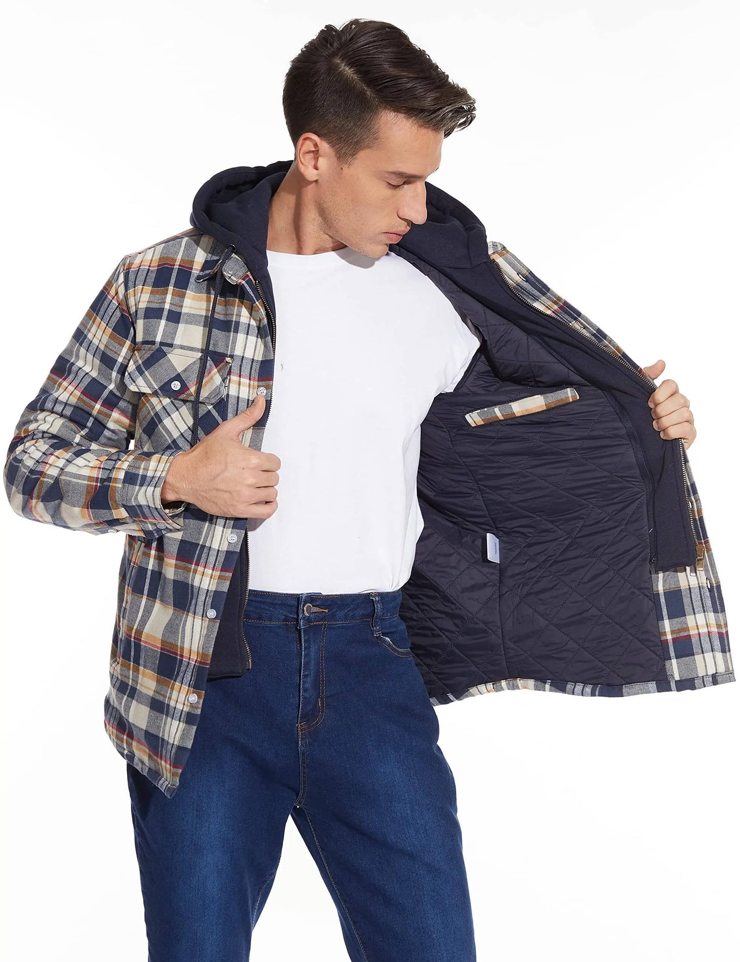 TrendAura Mens Hooded Plaid Bomber Jacket With Zip Front And Warm Lining For Everyday Wear