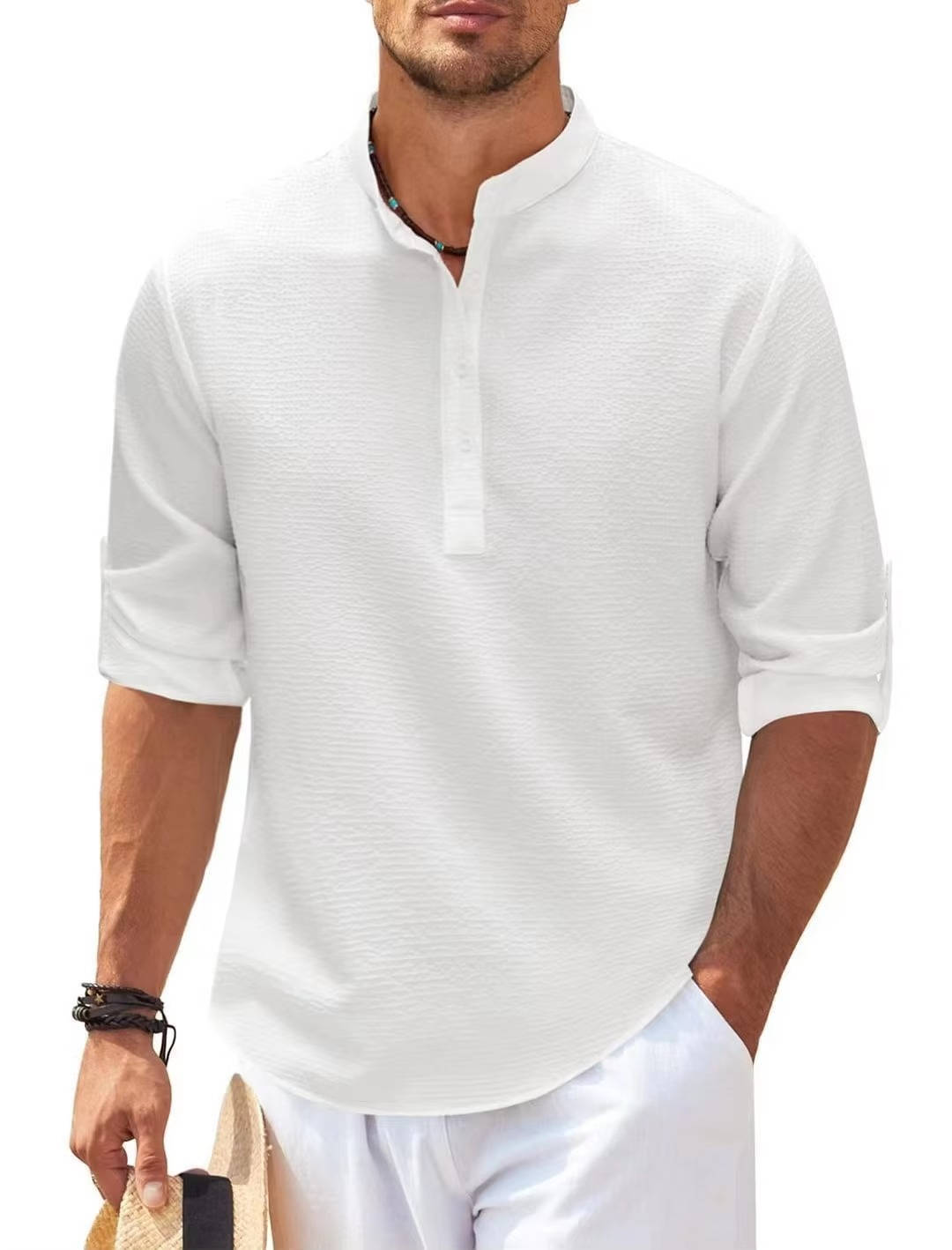 Mens Textured Waffle Knit Beige Henley Shirt With Rolled Sleeves For Everyday Casual Comfort