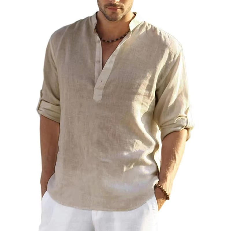 Men's Linen Henley Shirt With Rolled Sleeves Breathable Lightweight Casual Summer Style By TrendAura