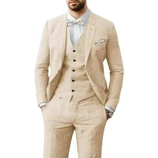 Men's Casual Linen Suit With Vest In Light Blue For Summer Weddings By TrendAura Brand