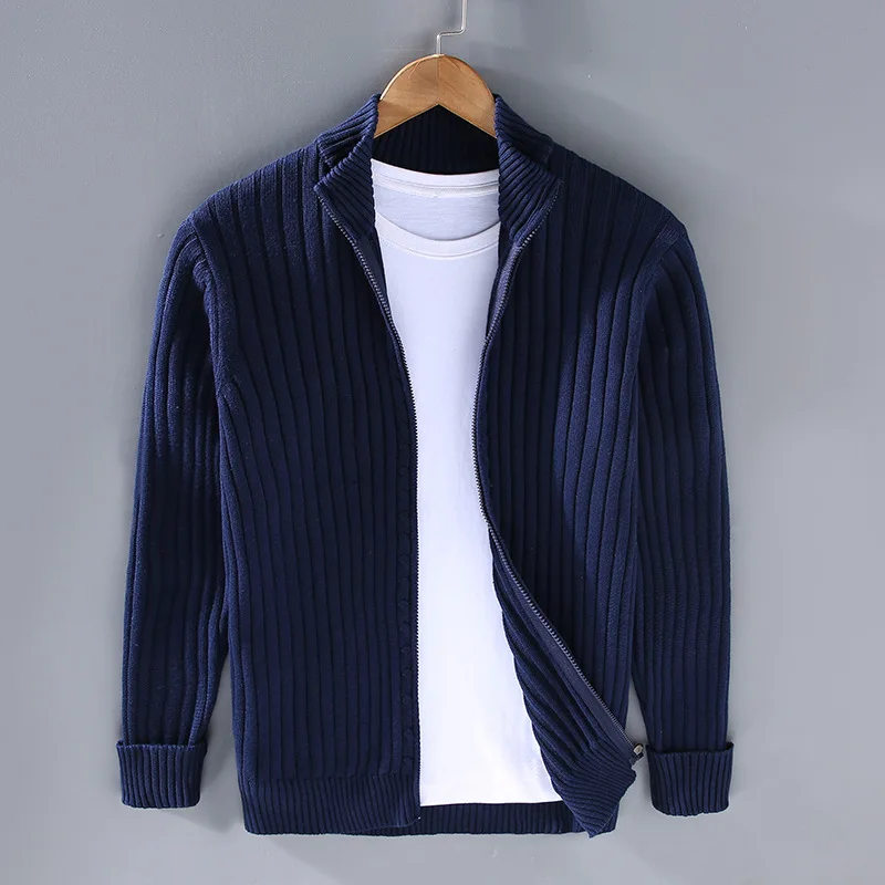 Aurelian Ribbed Zip Cardigan For Men Full Zip Knitwear With Stand Collar Slim Fit Layering