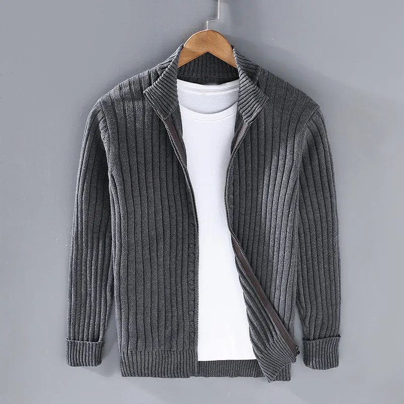 Aurelian Ribbed Zip Cardigan For Men Full Zip Knitwear With Stand Collar Slim Fit Layering