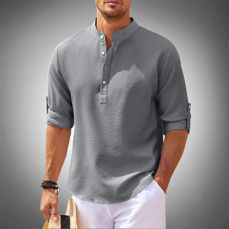 Men's Linen Blend Shirt With Mandarin Collar And Half Button Placket Relaxed Fit By TrendAura