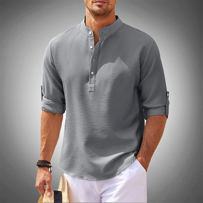 Mens Mandarin Collar Shirt With Half Button Closure Relaxed Fit Long Sleeve Casual Everyday Wear