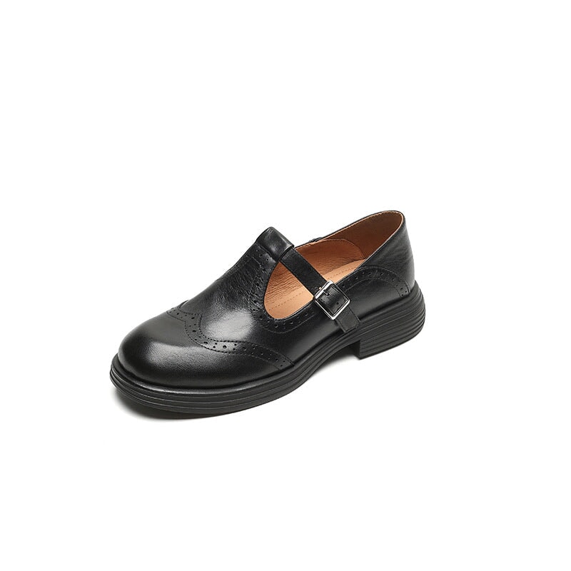 Women's T-Strap Mary Jane Shoes with Brogue Design and Block Heel