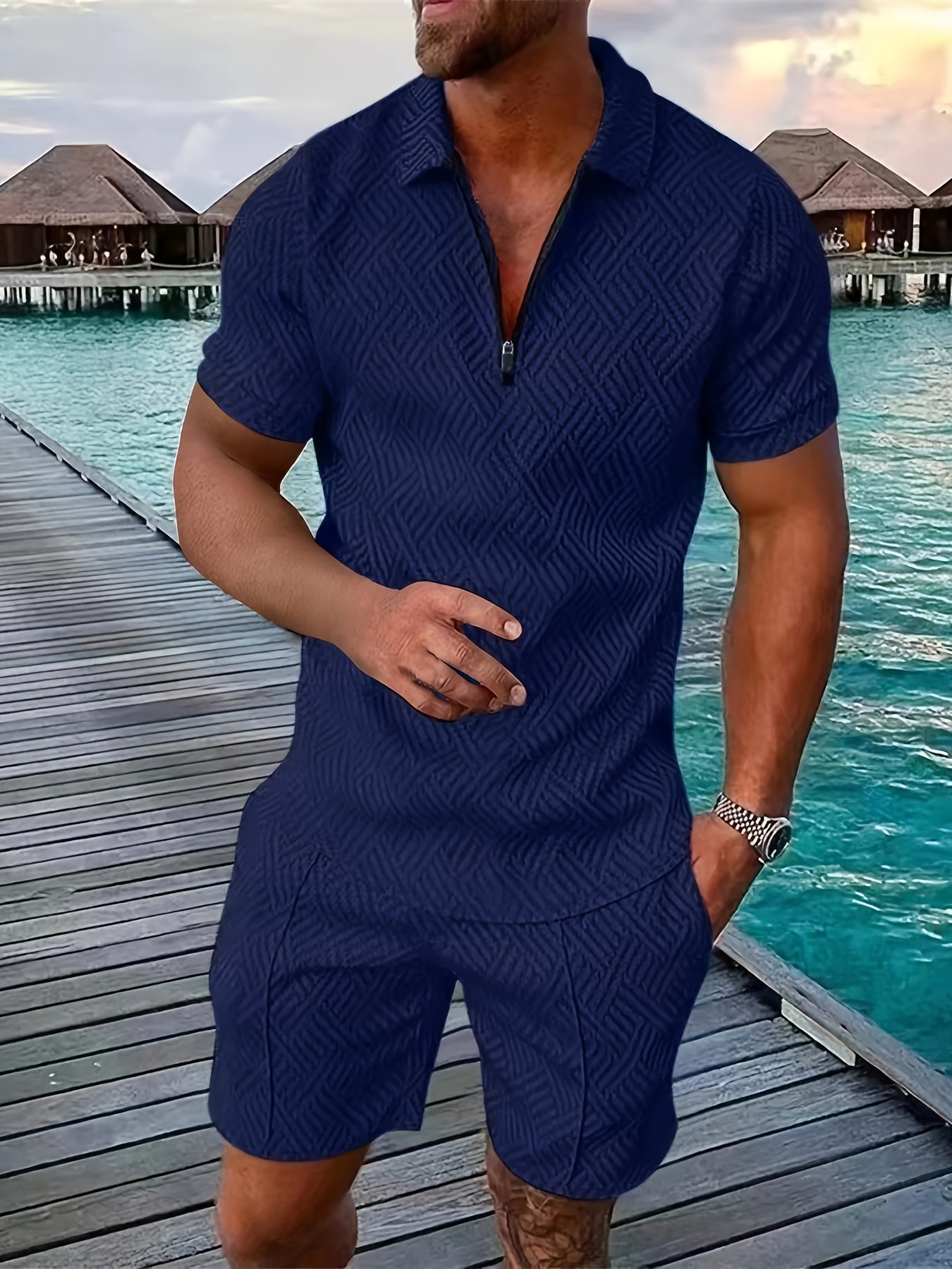 Men's Romper Breathable Cotton Blend Short Sleeve With Zipper Closure Geometric Design