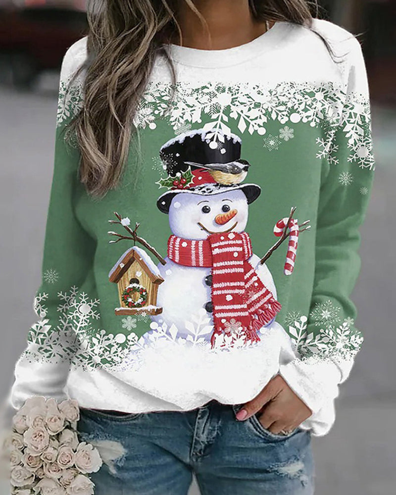 Casual Christmas Sweatshirt with Snowman Print