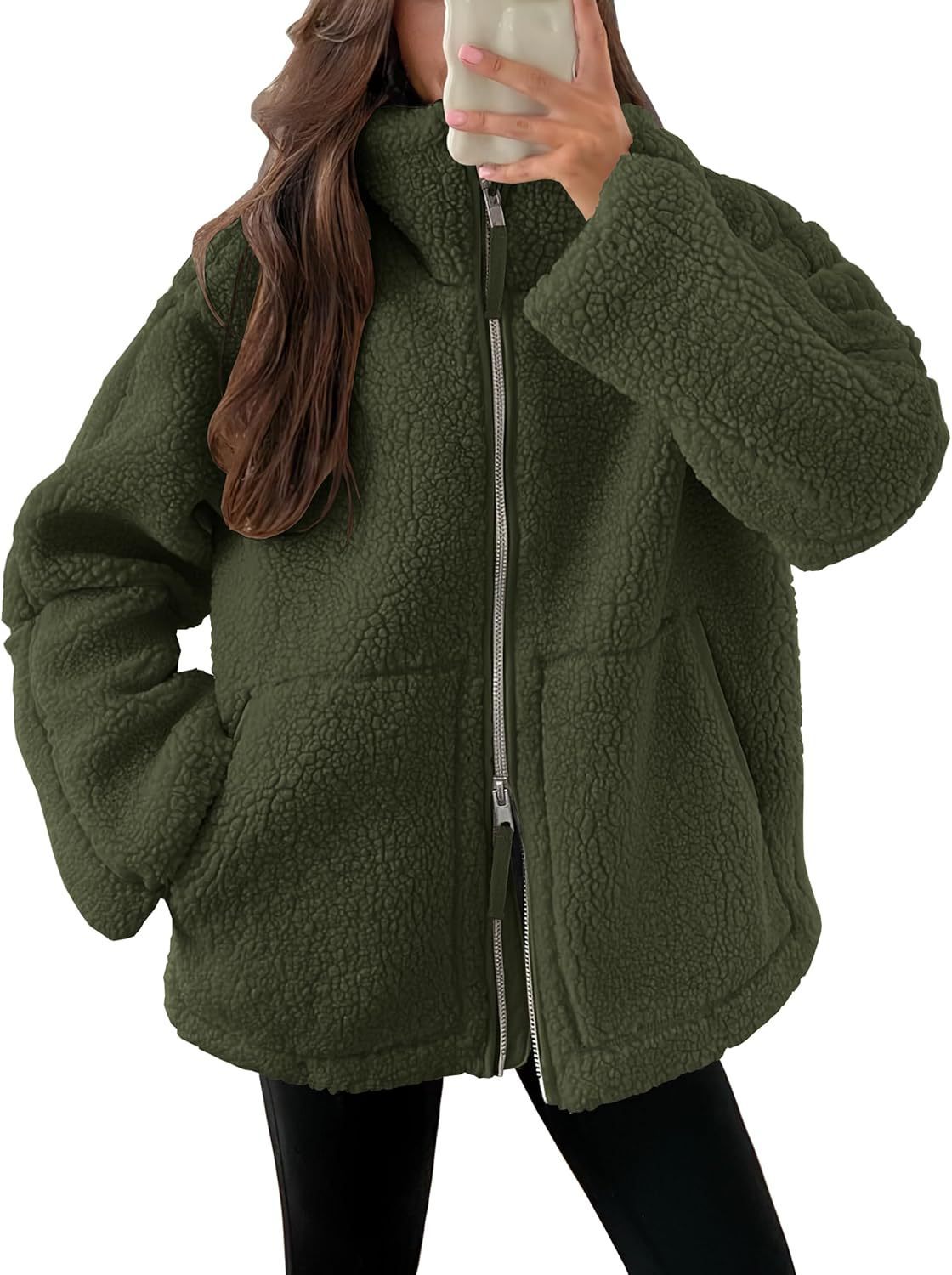 TrendAura Wool Blend Zip Up Jacket For Women Cozy Warmth In Modern Fit Winter Essential