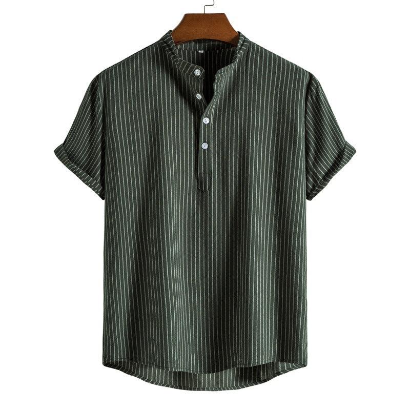 Striped linen shirt with half button placket for men