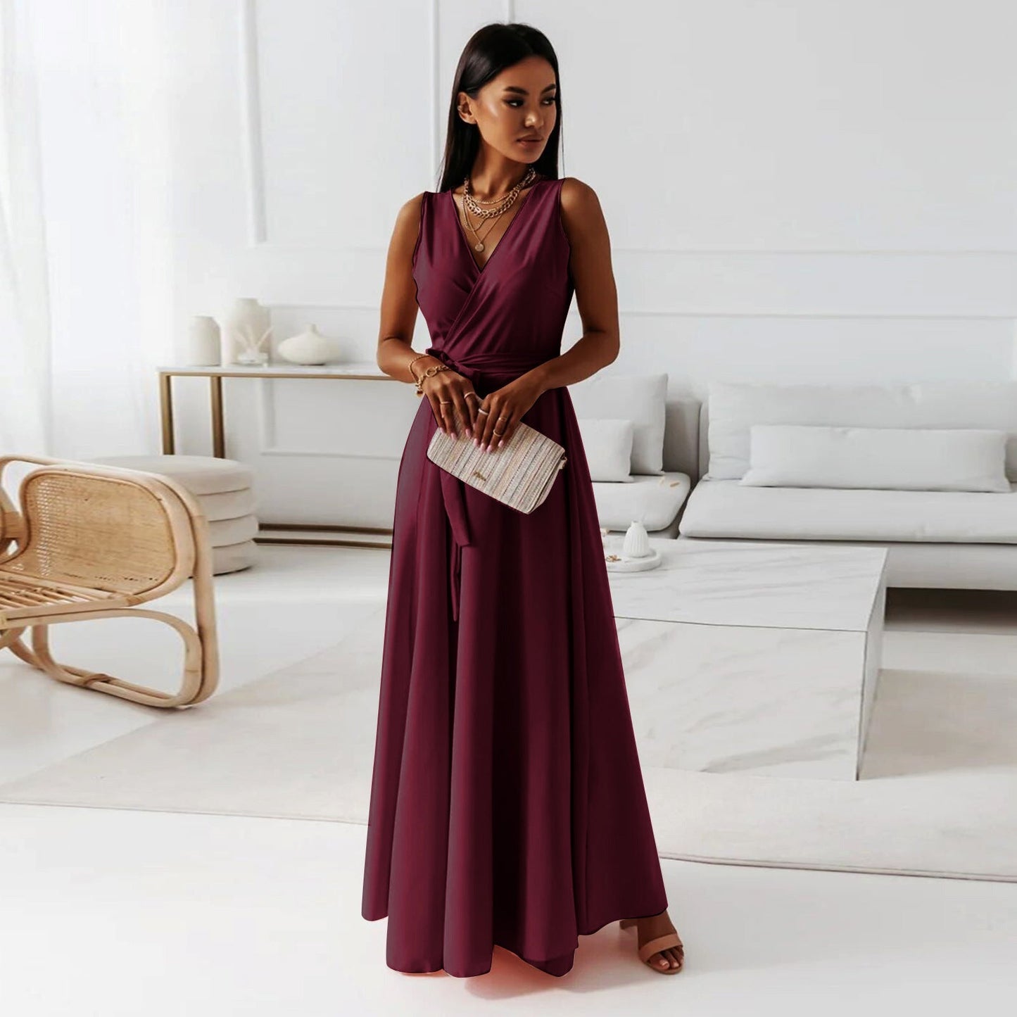 Noelia Solid Long Dress V Neck For Women Timeless Elegant Silhouette For All Occasions