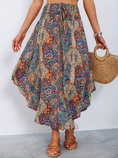 Women's Maxi Skirt - Bohemian Paisley Print - Asymmetric Flowy Hem - Elastic Waist