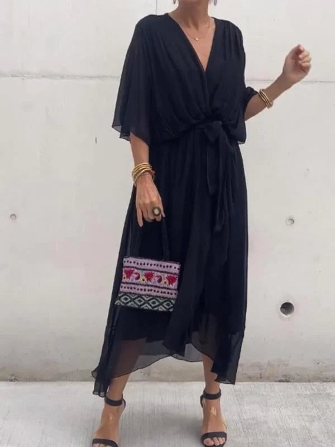 Lilia Crossed Chiffon Dress With Wide Sleeves And Belted Waist For Elegant Women