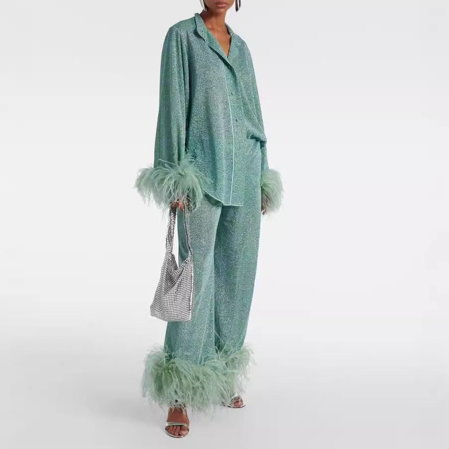 Oceana Feather Detail Womens Set With Loose Elegant Cut For Bold Trendy Wear For Modern Women