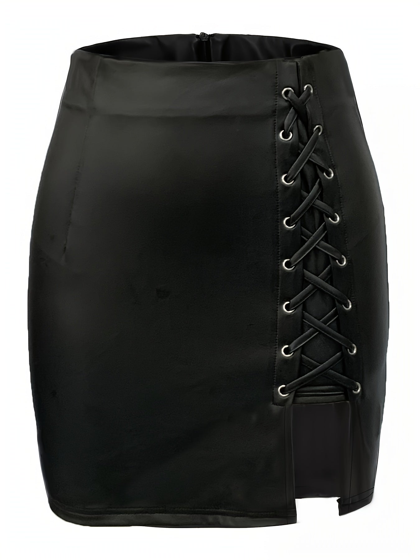 Women's Mini Skirt – High Waist – Leather Look – Lace-up Detail – Slit Design