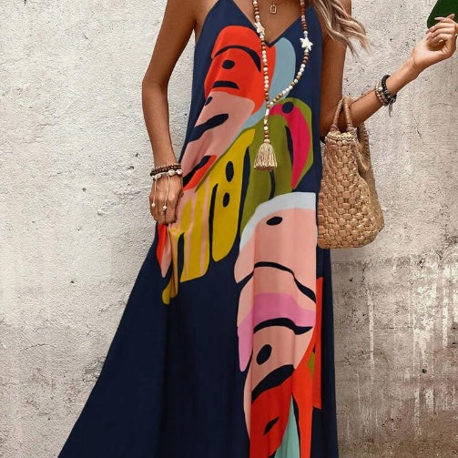 Women's Leaf Print Maxi Dress with Flowing Design and Adjustable Straps