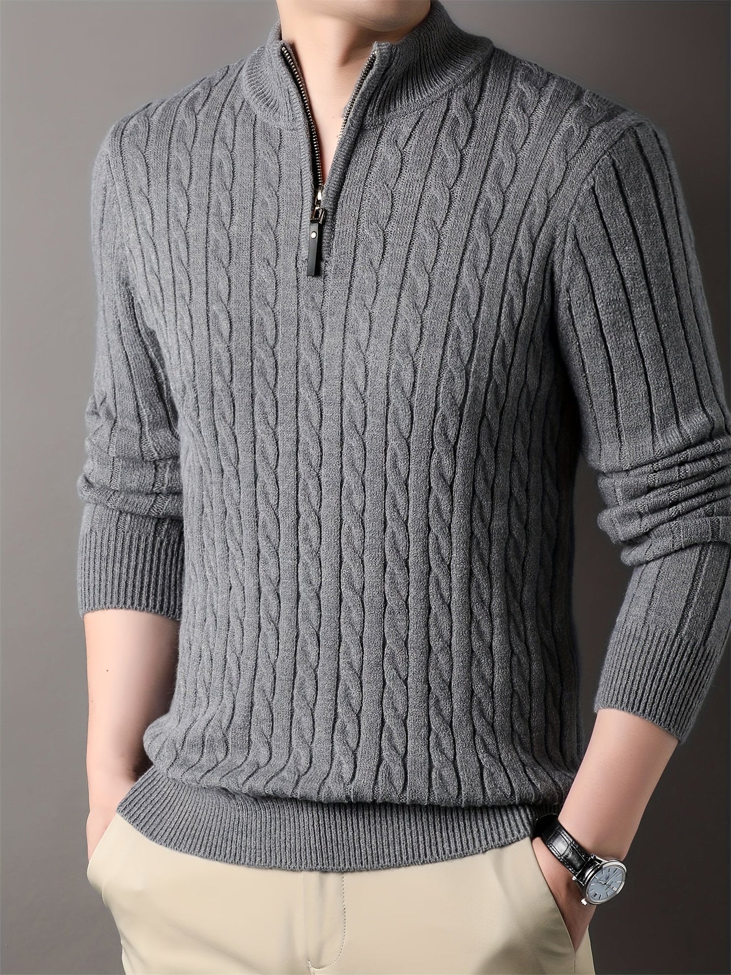 Jayden Mens Ribbed Pattern Half Zip Cable Knit Winter Sweater For Warm Comfort Everyday Wear