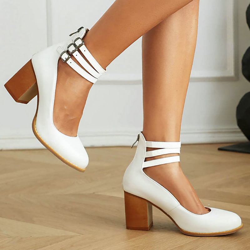 Women's Smooth Sandals with Ankle Strap and Thick Heel