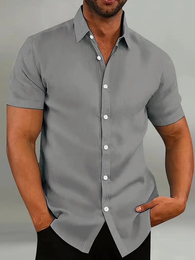 Light Blue Mens Short Sleeve Shirt Slim Fit Button Closure Classic Collar For Casual To Formal Wear