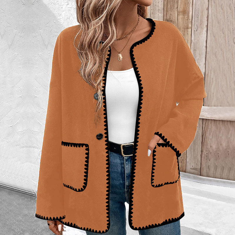 Colorblock Fleece Coat With Pockets Long Sleeve For Casual City Wear And Weekend Comfort