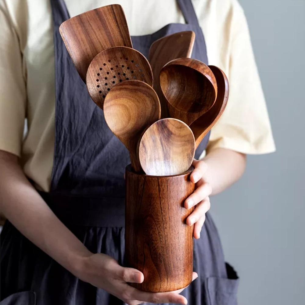 Teak Utensil Set With Smooth Finish and Sturdy Design - TrendAura