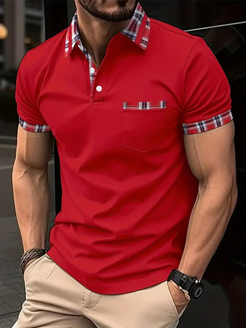 Desi Men’s Checked Polo Shirt With Plaid Trim And Pocket Accent Short Sleeve For Stylish Men